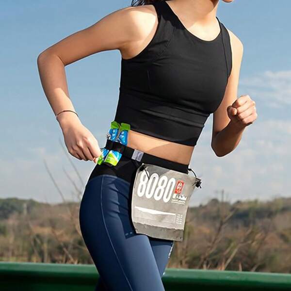 Ceinture de course ajustable noire avec porte-numéros en gel - mélange de polyester, boucle de fermeture sécurisée pour marathons, triathlons et fitness en salle