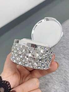 1pc Silver Diamond-Shaped Portable Travel Mirror & Makeup Sponge Case, Refillable 6g Compartment - Multicolor - View 3