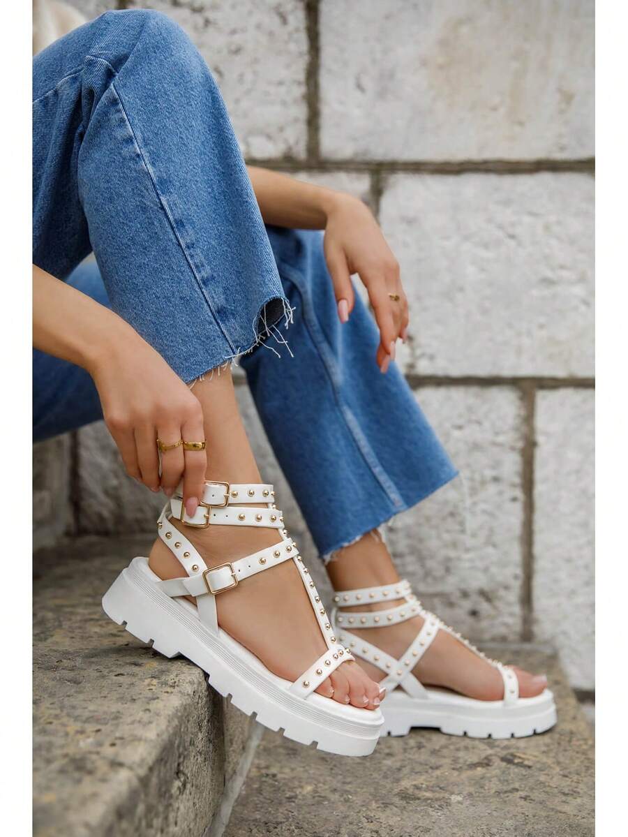 Studded Gladiator Style Thick Sole Adjustable Strap Sandals - White - View 1