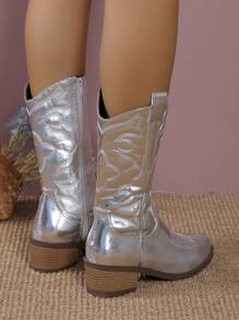 Women's Vintage American Style Embroidered Leather Pointed-Toe Silver Western Boots With Side Zipper For Easy On/Off, Embroidered Cool Fashion High Shaft Boots, High Chunky Heel Riding Boots, Fashionable Punk Chelsea Boots
