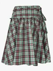 Falda de verano para mujer, informal, con estampado a cuadros, cintura elástica, corte A, con cinturón, para playa, vacaciones, club, ropa de calle - Verde Oscuro - Ver 4