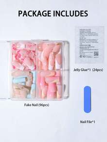 96片（4种混合设计）3D凝胶美甲贴纸，可打造花卉美甲，饰有小金属珠，方形法式贴片，矩形完美贴合，亚克力假指甲套装包含：1瓶果冻凝胶和1把指甲锉，易于佩戴，3D花卉凝胶美甲，法式贴片，适合女性日常工作、派对等场合，美甲用品。 - 彩色 - 查看 4