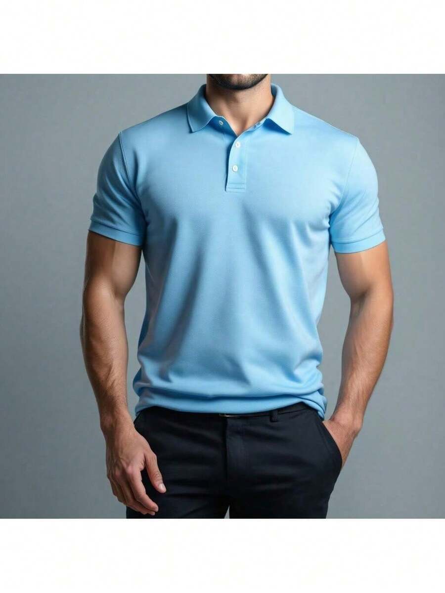 Men's Casual Business Polo Shirt Short Sleeve Top With Buttons And Contrast Collar
