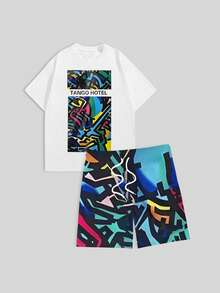 夏季男士休闲度假街头嘻哈抽象数码印花短袖T恤两件套 - 彩色 - 查看 2