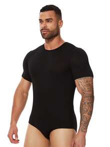 Men Short Sleeve Bodysuit Pajama Bodysuit One Piece Pajamas Rompers Basic Shirt Tops - Black - View 4