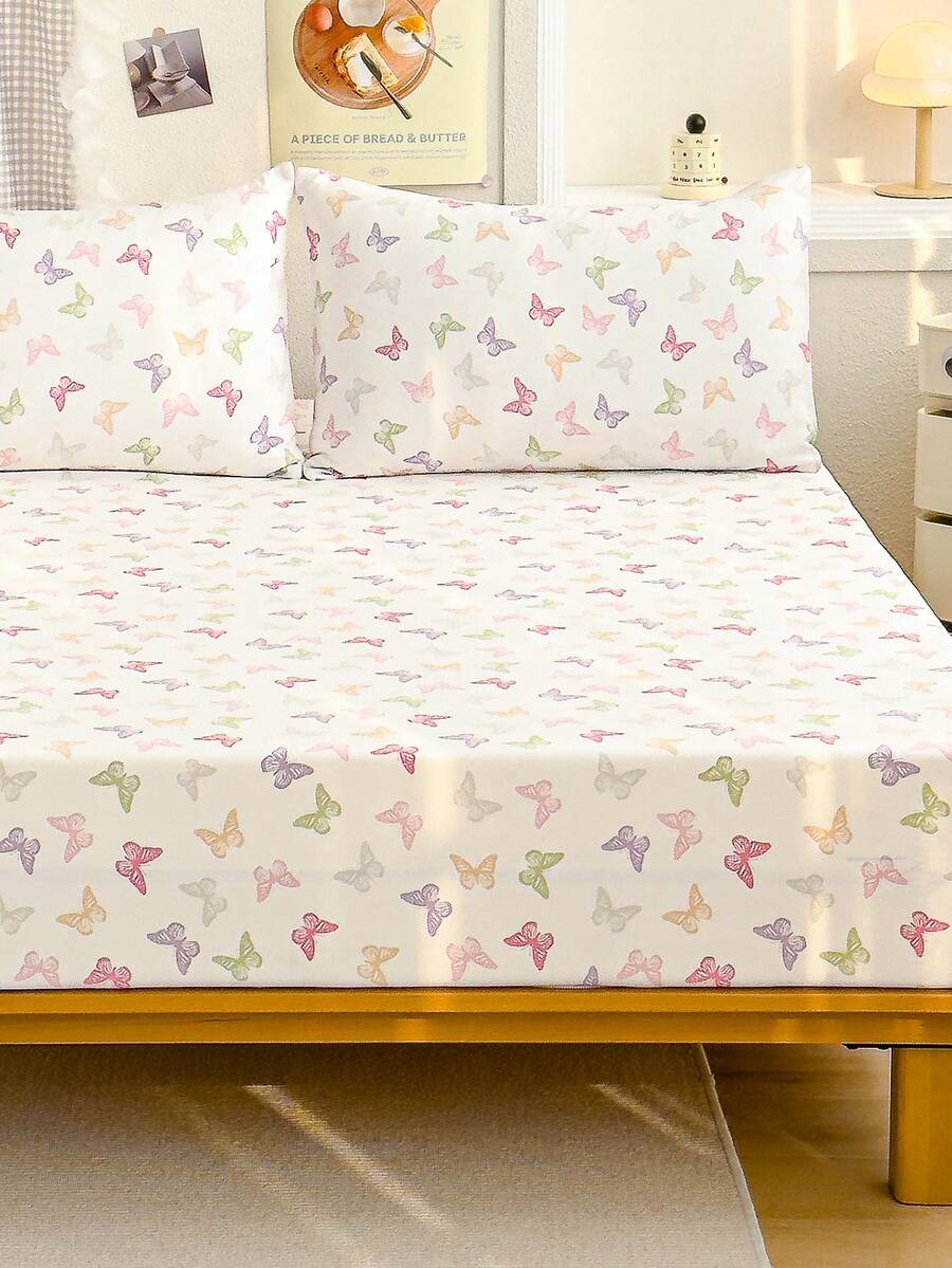 2/3 Piece Soft Fitted Bedsheet Set - Butterfly Pattern Bedsheet Set, Includes 1/2 Pillowcases And 1 Mattress Protector (30cm/12" Deep) - Modern Mattress Cover Or Mattress Pad, Fits All Bed Sizes Including Twin, Full, Queen, King, Single, Double, Also Suitable For School Bedding. - White - View 1