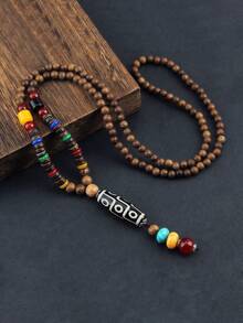 1pc Beaded Long Necklace, Vintage Beads Necklace With Good Luck & Wealth Totem Bead Pendant, Unisex - Multicolor - View 6