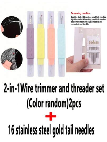 Un set de 2 en 1 de cortador de hilo y enhebrador portátil - Accesorios de costura con cortador de orificio, cubierta protectora, herramienta conveniente para retirar el hilo para personas mayores, herramienta de enhebrado fácil - Ayuda de costura de doble cabeza de colores