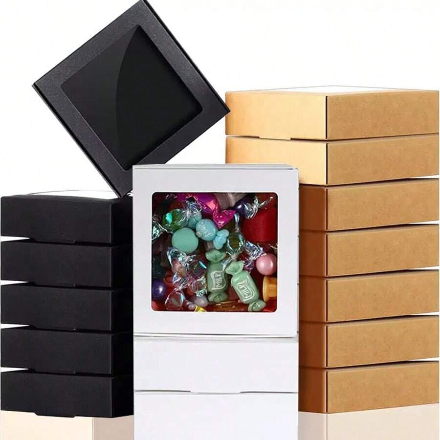 10 caixas de presente de papel kraft multicolorido com janela de exibição, 10,43 x 10,43 x 3,96 cm, janela quadrada de PVC - para lembrancinhas, lanches, biscoitos, artesanato e pequenos negócios - Multicolorido - Ver 1