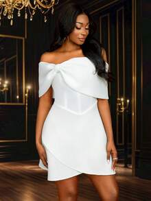 Vestido de dama de honor sexy con hombros descubiertos, lazo, corte evasé y asimétrico, color blanco, para fiesta nupcial, boda, graduación, novia