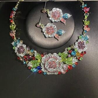 1 Set Elegant Flower Design Earrings & Necklace Jewelry Set, Luxury Women Bridal Wedding Party Accessories