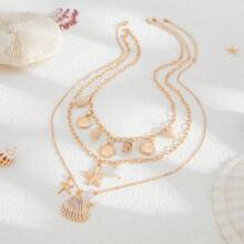 1pc Ocean Style Fish Tail Faux Pearl Tassel Necklace With Beach Starfish Shell Pendant