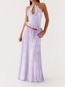 Women's 2 Piece Skirt Outfits Halter Neck Ruffle Trim Tops Long Flowy Skirt Set - 紫色 - 查看 1