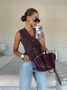 Women's Casual Fashion Gold Button Sleeveless V-Neck Knit Cardigan, Solid Color Single-Breasted Casual Knit Vest, Autumn - Coffee Brown - View 4