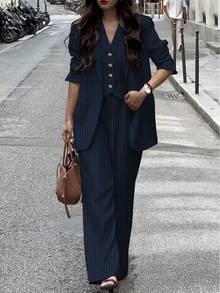 Women's Casual Commuter Striped Jacket, Pants, Vest 3-Piece Suit Set, Spring/Summer