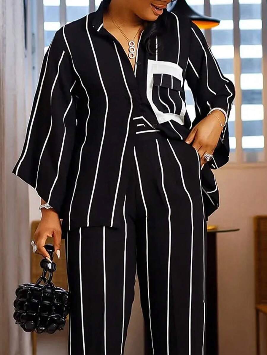 2 Peças Camisa de Botão de Manga Longa Listrada Casual Urbana e Calça de Perna Larga de Cintura Alta para Mulheres, Tecido Elástico Bidirecional de 120g, Conjunto de Escritório, Conjunto Urbano Confiante