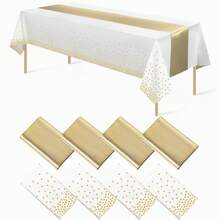 8 Pack Disposable Plastic Tablecloths And Satin Table Runner 54 X 108 Inch Tablecloth For Parties 12 X 108 Inch Runner For Wedding Birthday Anniversary Christmas New Year Party Graduation And Other Parties - Gold - View 2