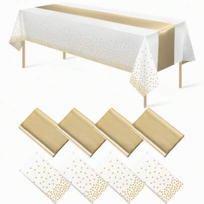 8 Pack Disposable Plastic Tablecloths And Satin Table Runner 54 X 108 Inch Tablecloth For Parties 12 X 108 Inch Runner For Wedding Birthday Anniversary Christmas New Year Party Graduation And Other Parties