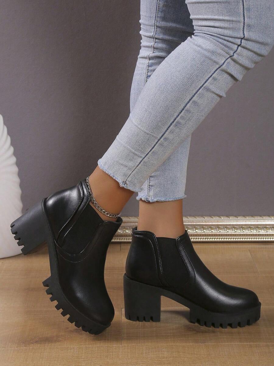 Fall/Winter Fashionable Women's Slip-On Chelsea Boots Perfect With Pants, Match With Cardigan, With Chunky Heel,Boots For Women,Platform Heels For Women - Black - View 1