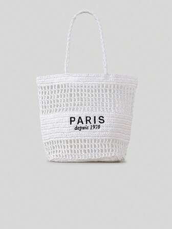 2025刺绣字母镂空草编手提包女大容量手工编织单肩包小众菜篮子包