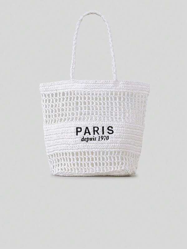 2025 Embroidery Letters Hollowed Straw Handbag Female Large Capacity Handmade Woven Shoulder Bag Niche Vegetable Basket Bag