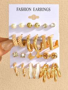 12/24pcs Minimalist Rhinestone & Faux Pearl Butterfly Geometric Earring Set, Fashion Jewelry Gift For Women, Suitable For Vacation, Date, Party, Daily Wear - Style 1 - View 9