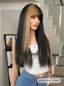 7JHH WIGS 26 Inch Long Straight Black Wig, Women's Style, Fluffy And Wavy With Bangs, Highlighted With Golden Streaks, Full Lace Synthetic Fiber Wig, Suitable For Daily Wear, Music Festivals, Parties, Anime Or Cosplay Photography - 挑染金色 - 查看 4