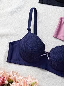3 件女士舒适多色性感蕾丝钢圈软杯纯色文胸内衣胸罩 - 彩色 - 查看 4