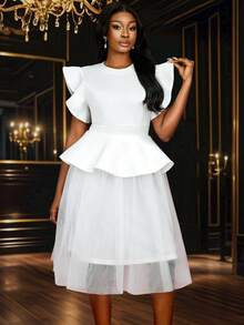 Vestido de novia, vestido de fiesta, vestido de graduación de mujer con mangas cortas con volantes, Body evasé de tul y longitud midi