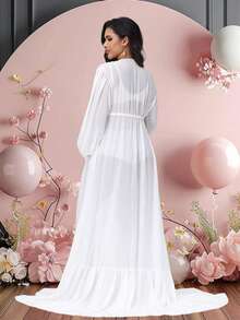 JustVH Maternity Chiffon Ruffle Hem Sheer Long Robe, Suitable For Maternity Photoshoot, Solid Color Women Dress - White - View 2