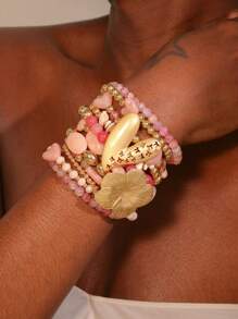 11pcs Pink Glass Crystal & Golden Pearl Beaded Bracelet With Flower, Heart Pendant, Romantic & Sweet Bohemian Style, Suitable As Gift For Women