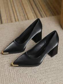 2025 春季新款尖头高跟鞋，优雅简约时尚女士粗跟浅口鞋 - 黑色 - 查看 3