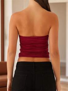 Women's Ruched Tube Tops Summer Strapless Solid Color Metal Clip Front Bandeau Tops Slim Fit Shirts - 酒紅色 - 查看 3