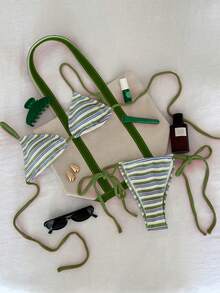 PEPPERMOLLY New Soft Striped Terry Cloth Adjustable Strap Criss-Cross Back Sexy Bikini Set, Women's Summer Beach Fashion Swimwear - Green - View 1