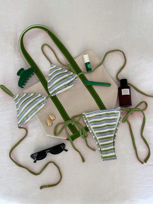 New Soft Striped Terry Cloth Adjustable Strap Criss-Cross Back Sexy Bikini Set, Women's Summer Beach Fashion Swimwear