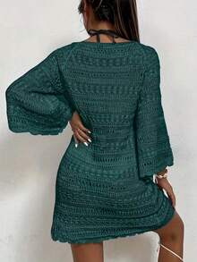 Elegantes, blaugrünes Off-Shoulder Häkelkleid für Damen – Glockenärmel, perfekt für den Strandurlaub, leichter Polyester-Strickstoff, lässiges Sommerkleid | Häkeldesign | Aufwendige Häkelarbeit, Cut Out