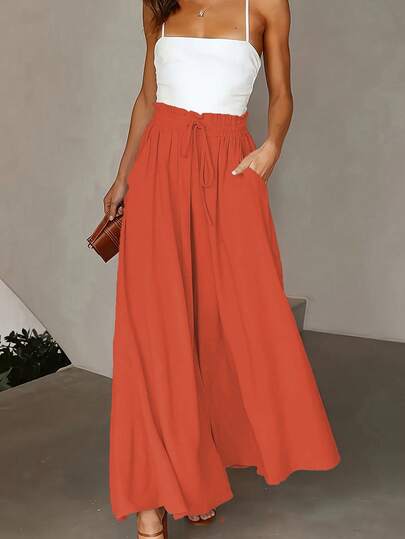 Women's Casual Solid Color Wide Leg Pocket Pants Spring