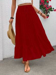 Rok Maxi Longgar Gaya Bohemian Wanita untuk Liburan Musim Gugur - Merah - View 2