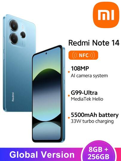 Xiaomi Redmi Note 14 NFC Smartphone 8GB+256GB Global Version Helio G99 Ultra Processor 6.67" 120Hz AMOLED Display 108MP AI Camera 33W Super Fast Charge 5500mAh Battery IP54 Waterproof Dustproof Includes Charger, 100% Authentic, Perfect Christmas Gift For Kids And Parents