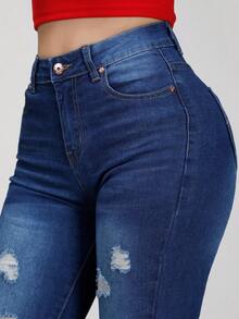 Pantalón Slim Fit Azul de Mezclilla Suave con Cintura Alta, Botones Metálicos y Diseño de Bolsillos con Efecto Trasero Levanta Glúteos - Azul 2309guion2 - Ver 8