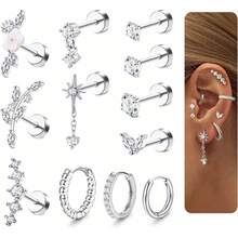 12PCS Cartilage Earrings For Women Flat Back-Hypoallergenic Surgical Stainless Steel Stud Hoop Cartilage Earring Set Daith Conch Tragus Helix Piercing Jewelry - Multicolor - View 13