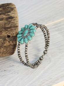 1 pulseira de contas de design aberto estilo boêmio com incrustações de turquesa, pulseira vintage feminina de contas