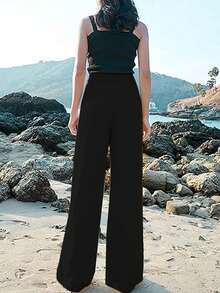 Women's Cotton Linen Trousers Casual Button Up High Waist Wide Leg Trousers - 黑色 - 查看 3