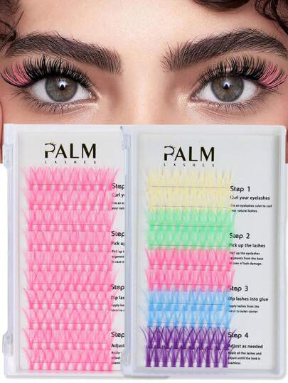 PALM LASHES 100 piezas de racimos de pestañas individuales de colores D Curl de 14 mm en 5 colores arcoíris para extensión de pestañas DIY, paquete de pestañas en racimo coloridas por PALM LASHES