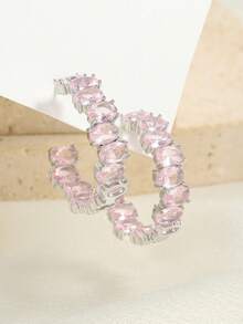 rakol 2pcs Luxurious Copper Cubic Zirconia Oval Hoop Earrings - Pink - View 7