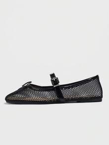 New Ballerina Flat Shoes, Square Toe Flat Shoes For Women, Solid Color With Bow Decor, Breathable Casual Sandals, Fashion And Comfortable Slip-On Flats, Black Color - Black - View 4