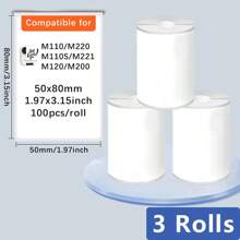 3 Rolls Of White Stickers, Size 50x80 Mm (1.97*3.15 Inches), 100 Sheets Per Roll, Compatible With M110/M221/M220/M120/M200/M110S, Suitable For Clothing Labels