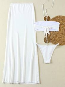 Conjunto de traje de baño sexy de 2 piezas con diseño calado en blanco para mujeres