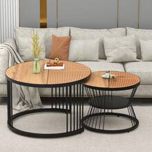 Coffee Table Set Of 2 With Rattan Look, Round, Gold Frame, Stable Design, Practical Storage Space In The Small Table