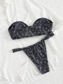 随机印花性感抹胸比基尼泳装，两件套泳衣，适合海滩度假、夏季